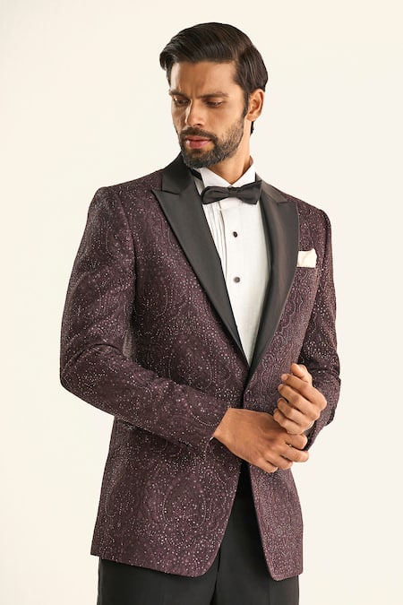 Raghavendra Rathore Jodhpur_Brown Silk Sequins, Embroidery The Bedazzled Floral Tuxedo Jacket _at_Aza_Fashions