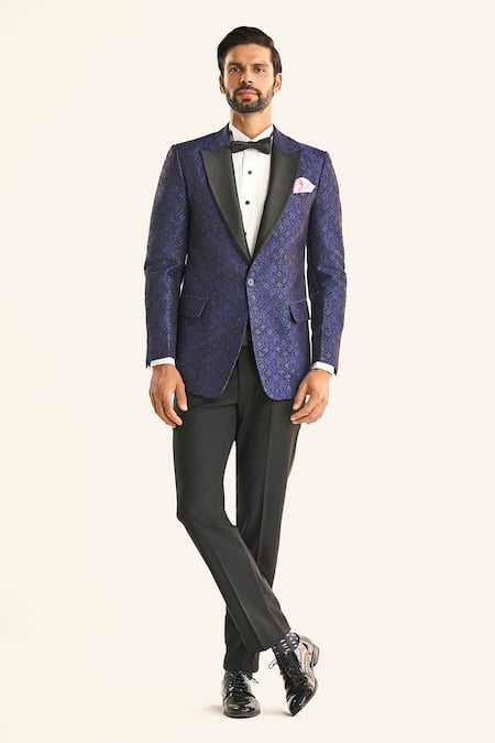 Raghavendra Rathore Jodhpur_Blue Silk Sequins The Palace Geometric Tuxedo Jacket _Online_at_Aza_Fashions