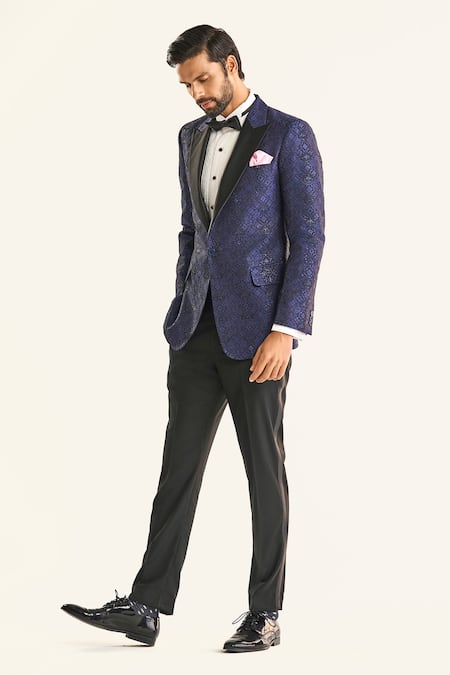 Shop_Raghavendra Rathore Jodhpur_Blue Silk Sequins The Palace Geometric Tuxedo Jacket _Online_at_Aza_Fashions
