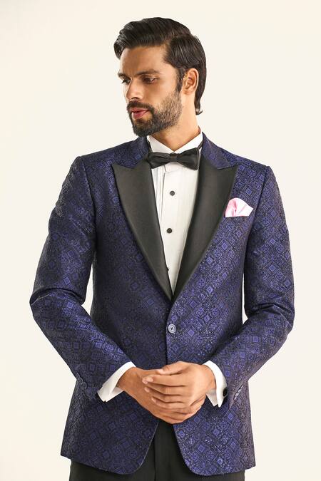 Raghavendra Rathore Jodhpur_Blue Silk Sequins The Palace Geometric Tuxedo Jacket _at_Aza_Fashions