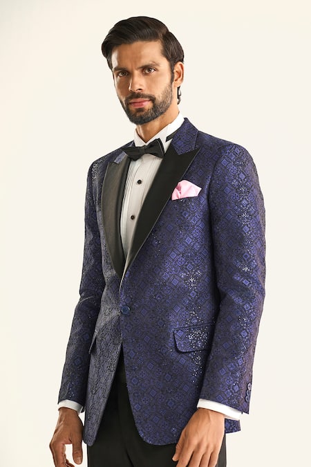 Buy_Raghavendra Rathore Jodhpur_Blue Silk Sequins The Palace Geometric Tuxedo Jacket 