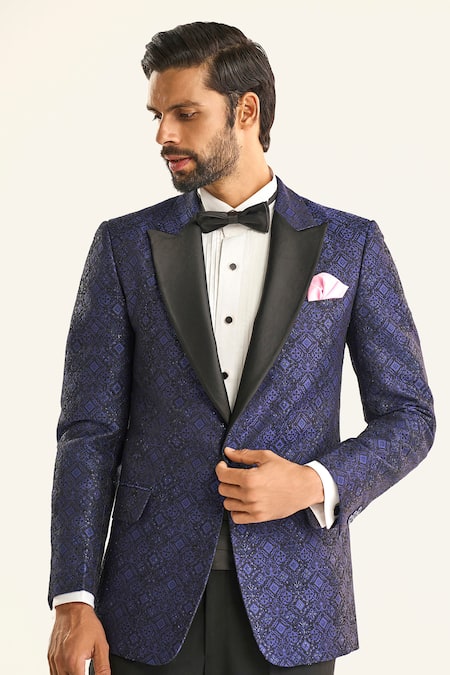 Shop_Raghavendra Rathore Jodhpur_Blue Silk Sequins The Palace Geometric Tuxedo Jacket 