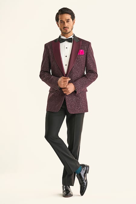 Raghavendra Rathore Jodhpur Maroon Linen Silk Woven The Starlight Night Sequin Embellished Tuxedo Jacket 