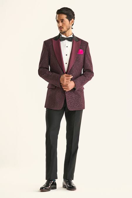 Raghavendra Rathore Jodhpur_Maroon Linen, Silk Sequins The Starlight Night Embellished Tuxedo Jacket _Online_at_Aza_Fashions