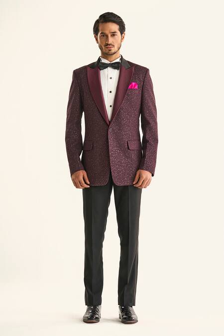 Buy_Raghavendra Rathore Jodhpur_Maroon Linen, Silk Sequins The Starlight Night Embellished Tuxedo Jacket _Online_at_Aza_Fashions