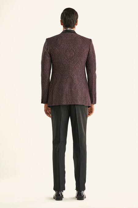 Raghavendra Rathore Jodhpur_Maroon Linen, Silk Sequins The Starlight Night Embellished Tuxedo Jacket _at_Aza_Fashions