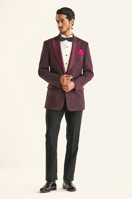 Buy_Raghavendra Rathore Jodhpur_Maroon Linen, Silk Sequins The Starlight Night Embellished Tuxedo Jacket 