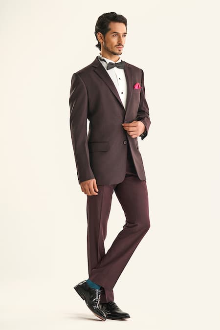 Buy_Raghavendra Rathore Jodhpur_Maroon Silk Embroidery The Burnt Sienna Paisley Woven Tuxedo Jacket _Online_at_Aza_Fashions