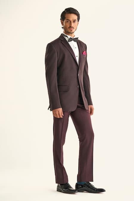 Shop_Raghavendra Rathore Jodhpur_Maroon Silk Embroidery The Burnt Sienna Paisley Woven Tuxedo Jacket _Online_at_Aza_Fashions