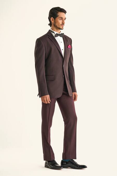 Raghavendra Rathore Jodhpur_Maroon Silk Embroidery The Burnt Sienna Paisley Woven Tuxedo Jacket _at_Aza_Fashions