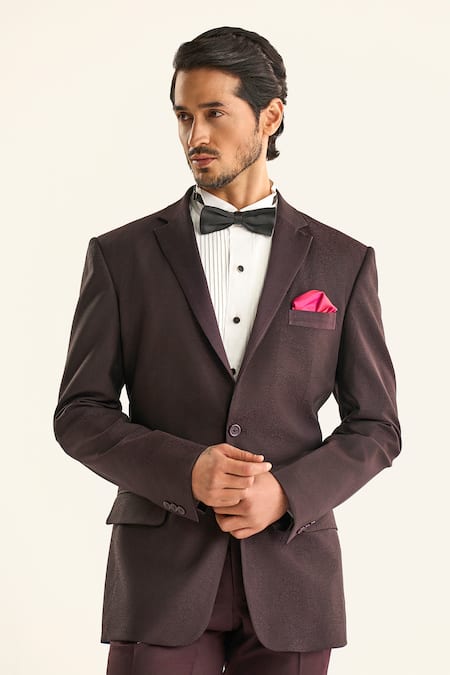 Buy_Raghavendra Rathore Jodhpur_Maroon Silk Embroidery The Burnt Sienna Paisley Woven Tuxedo Jacket 