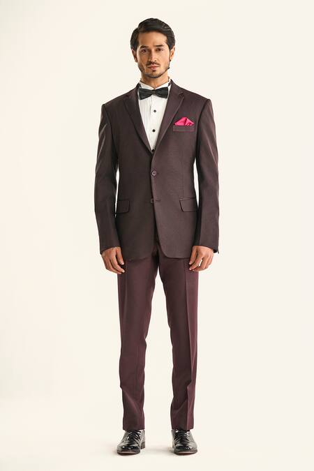 Shop_Raghavendra Rathore Jodhpur_Maroon Silk Embroidery The Burnt Sienna Paisley Woven Tuxedo Jacket 