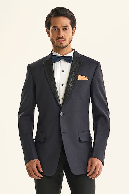 Shop_Raghavendra Rathore Jodhpur_Blue Silk Sequins The Gltizy Woven Abstract Tuxedo Jacket _Online_at_Aza_Fashions