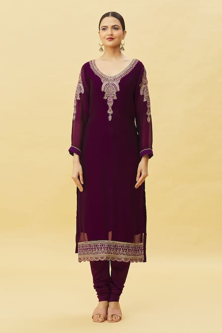 Samyukta Singhania_Purple Chanderi, Faux Leather, Satin, Georgette Floral Resham Kurta Set_Online_at_Aza_Fashions