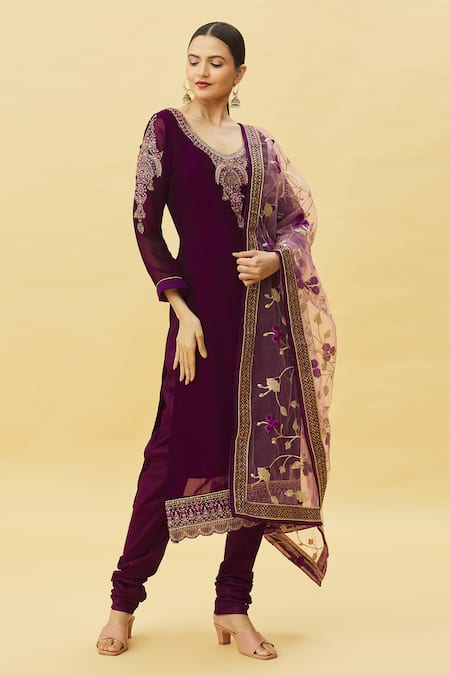 Buy_Samyukta Singhania_Purple Chanderi, Faux Leather, Satin, Georgette Floral Resham Kurta Set_Online_at_Aza_Fashions