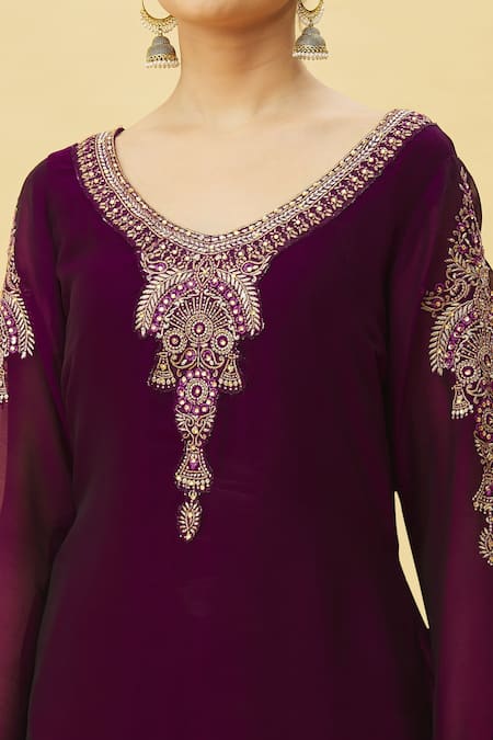 Shop_Samyukta Singhania_Purple Chanderi, Faux Leather, Satin, Georgette Floral Resham Kurta Set_Online_at_Aza_Fashions