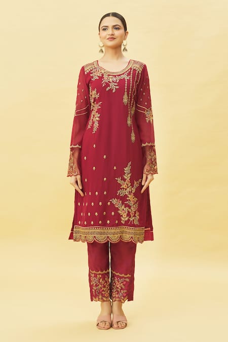 Samyukta Singhania Maroon Georgette, Satin Stones, Embroidery Round Neck Floral Kurta Pant Set Online at Aza Fashions Samyukta Singhania_Maroon Georgette, Satin Stones, Embroidery Round Neck Floral Kurta Pant Set_Online_at_Aza_Fashions