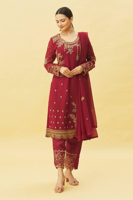 Buy Samyukta Singhania Maroon Georgette, Satin Stones, Embroidery Round Neck Floral Kurta Pant Set Online at Aza Fashions Buy_Samyukta Singhania_Maroon Georgette, Satin Stones, Embroidery Round Neck Floral Kurta Pant Set_Online_at_Aza_Fashions