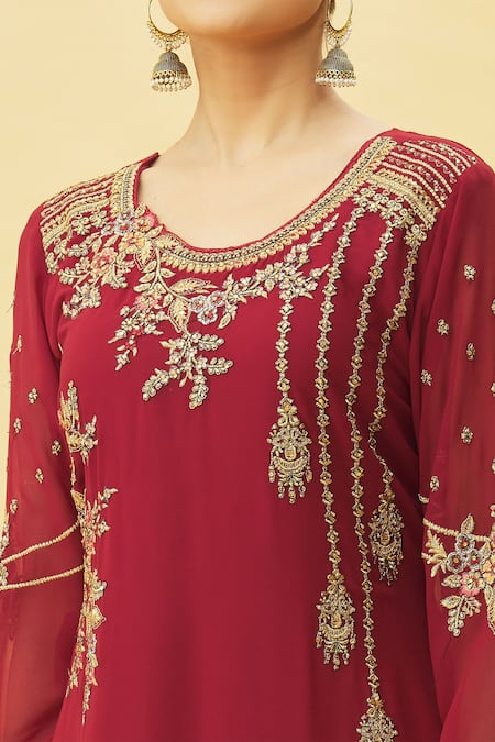 Shop Samyukta Singhania Maroon Georgette, Satin Stones, Embroidery Round Neck Floral Kurta Pant Set Online at Aza Fashions Shop_Samyukta Singhania_Maroon Georgette, Satin Stones, Embroidery Round Neck Floral Kurta Pant Set_Online_at_Aza_Fashions
