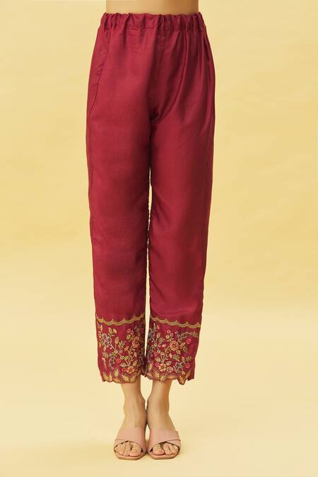 Samyukta Singhania Maroon Georgette, Satin Stones, Embroidery Round Neck Floral Kurta Pant Set at Aza Fashions Samyukta Singhania_Maroon Georgette, Satin Stones, Embroidery Round Neck Floral Kurta Pant Set_at_Aza_Fashions
