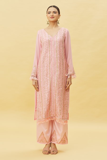 Samyukta Singhania_Pink Faux Leather, Chiffon Sequins, Embroidery, Lace V-neck Kurta Pant Set _Online_at_Aza_Fashions