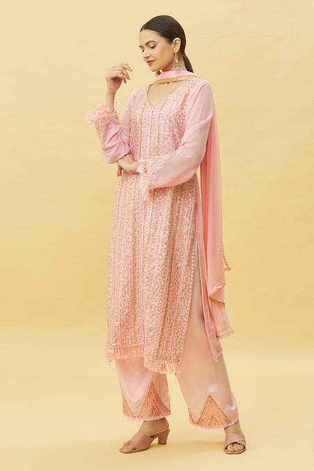 Buy_Samyukta Singhania_Pink Faux Leather, Chiffon Sequins, Embroidery, Lace V-neck Kurta Pant Set _Online_at_Aza_Fashions