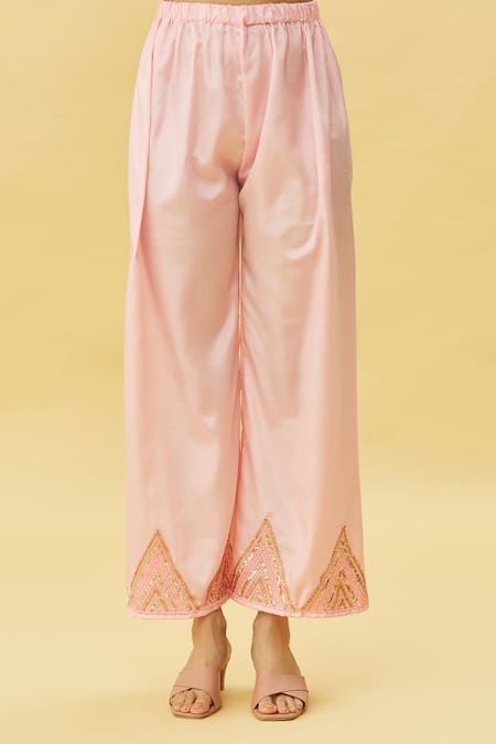 Samyukta Singhania_Pink Faux Leather, Chiffon Sequins, Embroidery, Lace V-neck Kurta Pant Set _at_Aza_Fashions