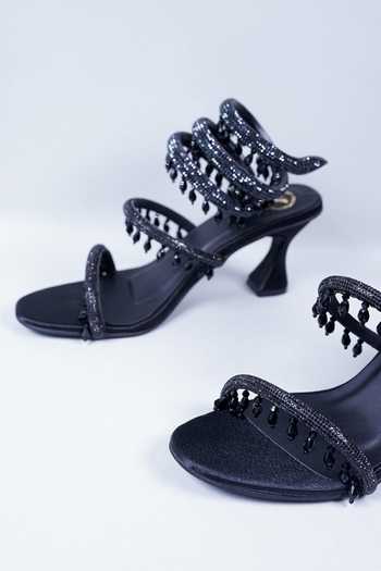 Buy_Sana K luxurious Footwear_Black Rhinestones Spring Strap Embellished Heels _Online_at_Aza_Fashions