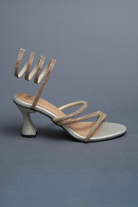 Sana K luxurious Footwear_Gold Rhinestones Spring Strap Embellished Heels _Online_at_Aza_Fashions