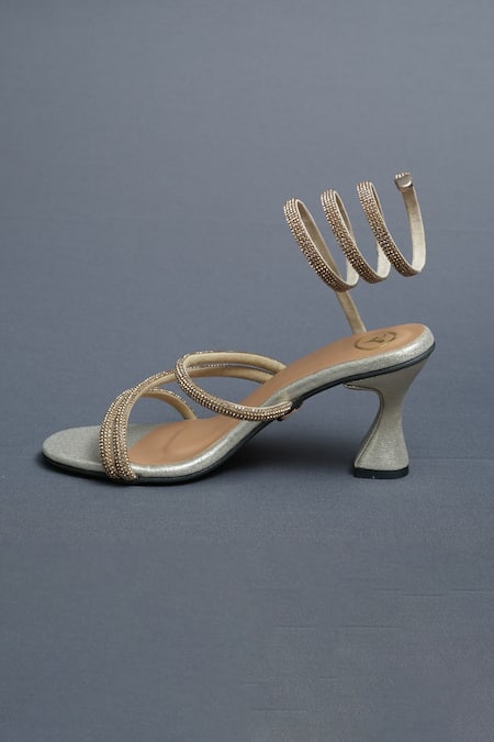 Buy_Sana K luxurious Footwear_Gold Rhinestones Spring Strap Embellished Heels _Online_at_Aza_Fashions