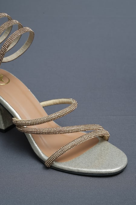 Shop_Sana K luxurious Footwear_Gold Rhinestones Spring Strap Embellished Heels _Online_at_Aza_Fashions