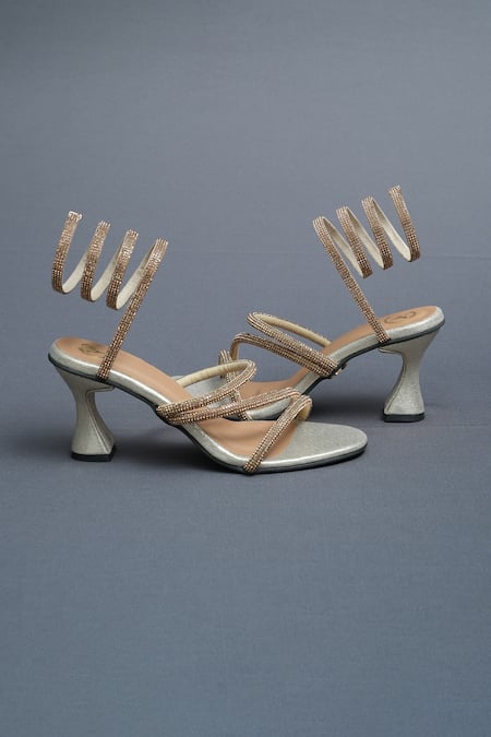 Sana K luxurious Footwear_Gold Rhinestones Spring Strap Embellished Heels _at_Aza_Fashions