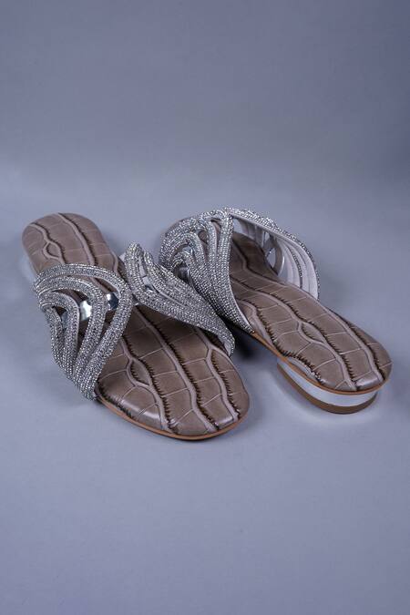 Sana K luxurious Footwear Beige Embroidery Jewel Embellished Strap Heels at Aza Fashions Sana K luxurious Footwear_Beige Embroidery Jewel Embellished Strap Heels _at_Aza_Fashions