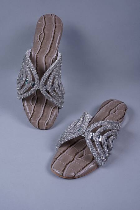 Buy Sana K luxurious Footwear Beige Embroidery Jewel Embellished Strap Heels Buy_Sana K luxurious Footwear_Beige Embroidery Jewel Embellished Strap Heels