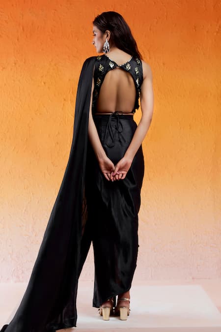 Shop_Redpine Designs_Black Modal, Satin, Viscose, Crepe Pre-draped Saree With Embroidered Blouse _at_Aza_Fashions