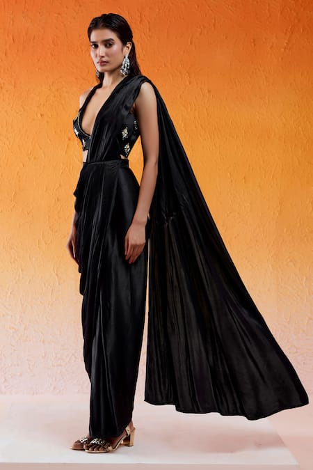 Buy_Redpine Designs_Black Modal, Satin, Viscose, Crepe Pre-draped Saree With Embroidered Blouse _Online_at_Aza_Fashions