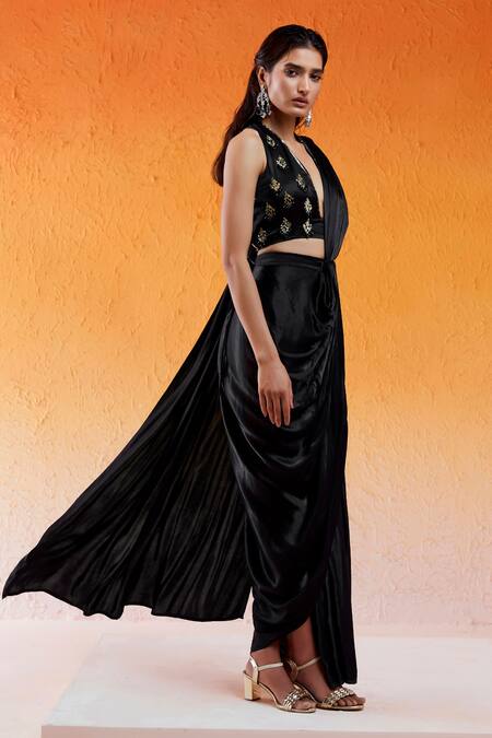 Shop_Redpine Designs_Black Modal, Satin, Viscose, Crepe Pre-draped Saree With Embroidered Blouse _Online_at_Aza_Fashions