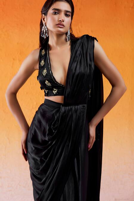 Redpine Designs_Black Modal, Satin, Viscose, Crepe Pre-draped Saree With Embroidered Blouse _at_Aza_Fashions
