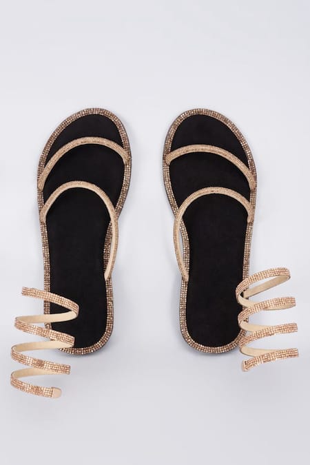 Sana K luxurious Footwear Gold Rhinestone Embellished Strap Flats 