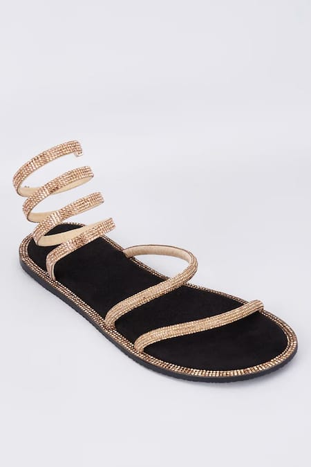Shop Sana K luxurious Footwear Gold Rhinestone Embellished Strap Flats at Aza Fashions Shop_Sana K luxurious Footwear_Gold Rhinestone Embellished Strap Flats _at_Aza_Fashions