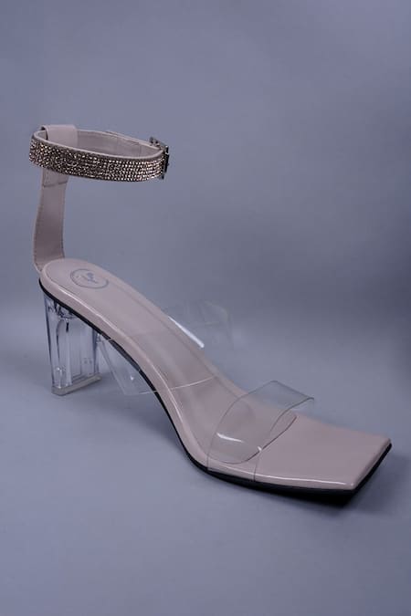 Sana K luxurious Footwear Beige Rhinestones Embellished Ankle Strap Heels 