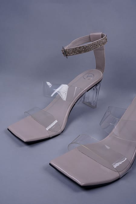 Shop_Sana K luxurious Footwear_Beige Rhinestones Embellished Ankle Strap Heels _at_Aza_Fashions