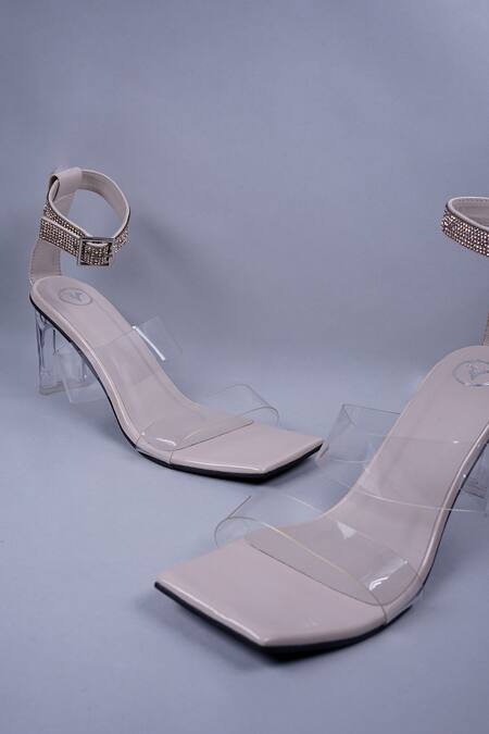 Sana K luxurious Footwear_Beige Rhinestones Embellished Ankle Strap Heels _Online_at_Aza_Fashions