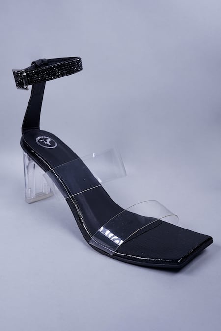 Sana K luxurious Footwear Black Rhinestones Studded Ankle Strap Heels 