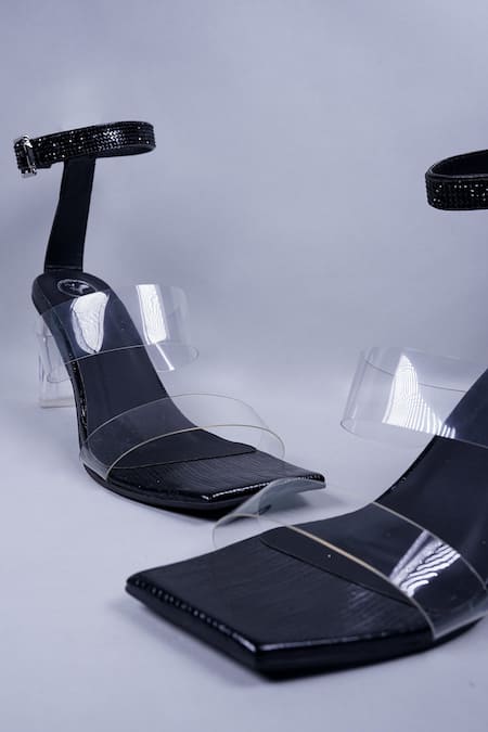 Shop Sana K luxurious Footwear Black Rhinestones Studded Ankle Strap Heels at Aza Fashions Shop_Sana K luxurious Footwear_Black Rhinestones Studded Ankle Strap Heels _at_Aza_Fashions