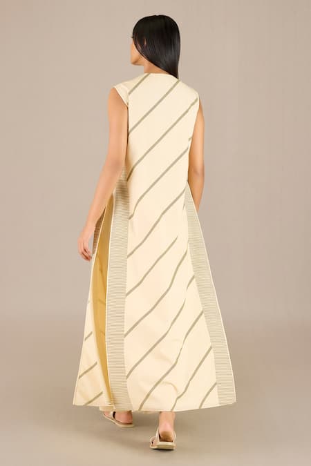 Shop Ampm Yellow Handloom Cotton Collared Arda Pin Striped Long Jacket Palazzo Set at Aza Fashions Shop_Ampm_Yellow Handloom Cotton Collared Arda Pin Striped Long Jacket Palazzo Set_at_Aza_Fashions