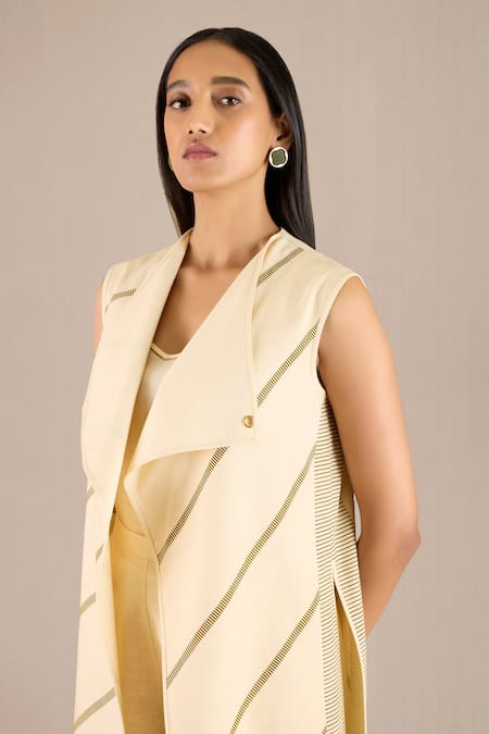 Ampm Yellow Handloom Cotton Collared Arda Pin Striped Long Jacket Palazzo Set at Aza Fashions Ampm_Yellow Handloom Cotton Collared Arda Pin Striped Long Jacket Palazzo Set_at_Aza_Fashions