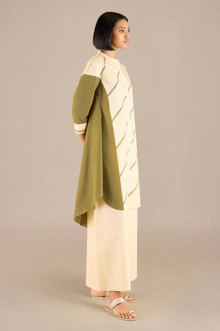 Ampm_Yellow Poplin Round Neck Eren Pin Striped Kurta With Palazzo_Online_at_Aza_Fashions