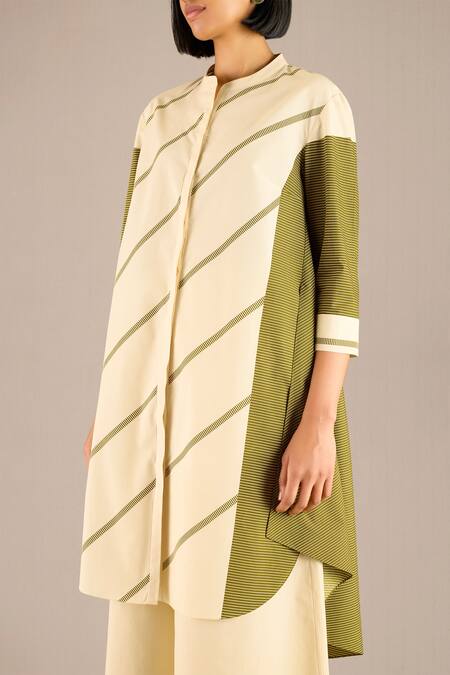 Buy_Ampm_Yellow Poplin Round Neck Eren Pin Striped Kurta With Palazzo_Online_at_Aza_Fashions