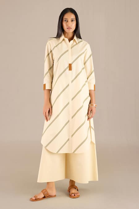 AMPM Yellow Poplin Pin Striped Collar Neck Nima Kurta With Palazzo 